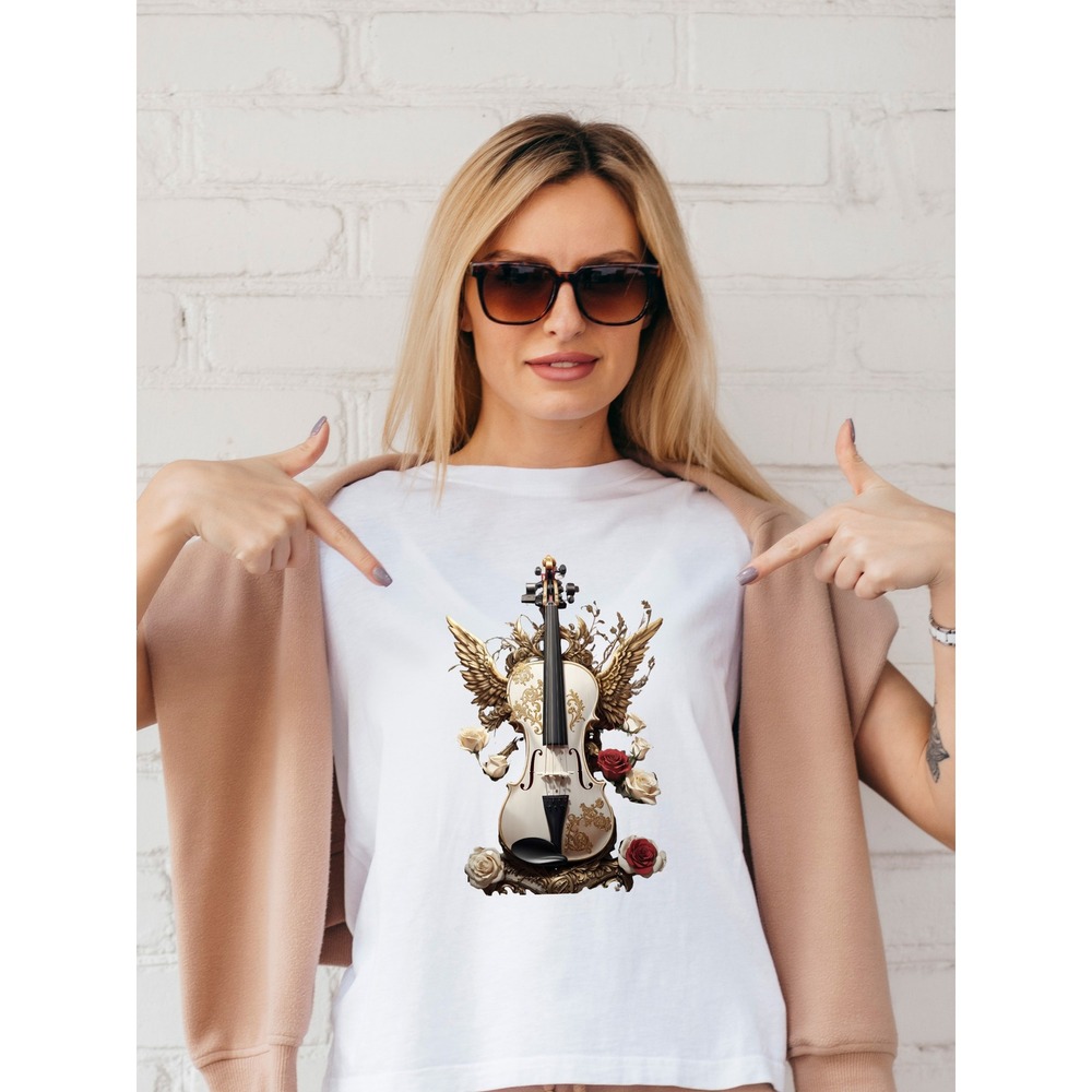 Violin Graphic XL Tee Angel Wings Floral‎ Roses Music Lover T-Shirt Black White